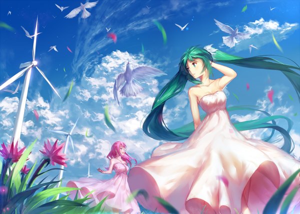 Anime picture 1600x1142 with vocaloid hatsune miku megurine luka yuket long hair fringe breasts open mouth twintails bare shoulders multiple girls green eyes pink hair sky cloud (clouds) very long hair profile pink eyes looking back green hair