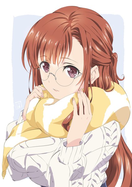 Anime picture 1448x2048 with original hashiguchi hayato single long hair tall image fringe brown hair purple eyes upper body fingernails from above half updo girl glasses scarf sweater