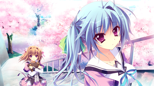 Anime picture 1280x720 with koi ga saku koro sakura doki tsukishima yuuri ichinose mio long hair brown hair wide image purple eyes twintails multiple girls blue hair game cg cherry blossoms girl uniform 2 girls plant (plants) school uniform tree (trees) school bag