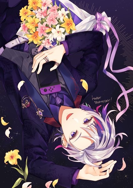 Anime picture 1063x1500 with virtual youtuber nintendo nijisanji fuwa minato kano hito single tall image looking at viewer short hair open mouth purple eyes silver hair :d multicolored hair streaked hair happy birthday upside down boy flower (flowers) belt