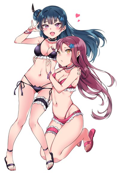 Anime picture 1896x2888 with love live! sunshine!! sunrise (studio) love live! sakurauchi riko tsushima yoshiko tem10 long hair tall image looking at viewer blush fringe highres breasts open mouth light erotic simple background smile hair between eyes white background purple eyes