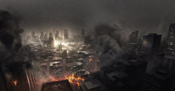 Anime picture 1500x780 with original ewkn (artist) wide image city smoke rain cityscape landscape destruction building (buildings) fire