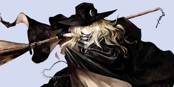 Anime picture 1200x600 with touhou kirisame marisa banpai akira single long hair simple background blonde hair wide image white background yellow eyes girl gloves belt scarf chain cloak witch hat cross broom