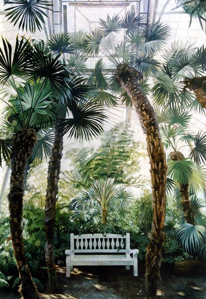 Anime picture 1034x1500 with original reina (artist) tall image nature plant (plants) tree (trees) palm tree bench