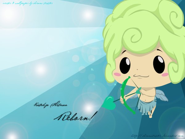 Anime picture 1600x1200 with katekyou hitman reborn reborn shiranutrixter looking at viewer signed green hair black eyes inscription bare belly copyright name lens flare blue background alternate hairstyle chibi angel wings :3 curly hair blush stickers alternate hair color solid eyes