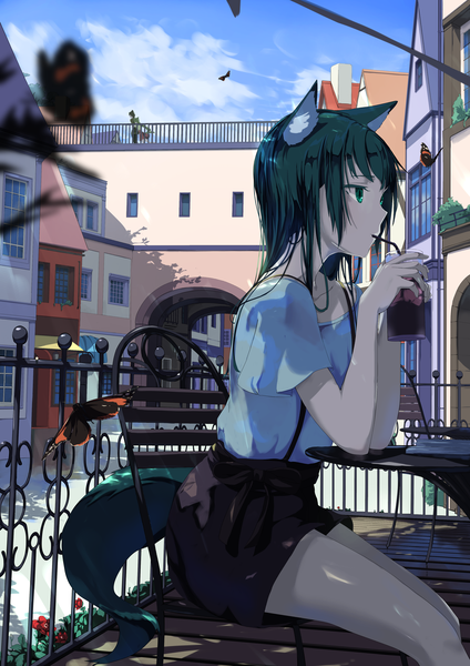 Anime-Bild 2894x4093 mit original mikisai single tall image highres sitting holding green eyes animal ears payot looking away sky cloud (clouds) tail animal tail profile green hair blurry shadow city