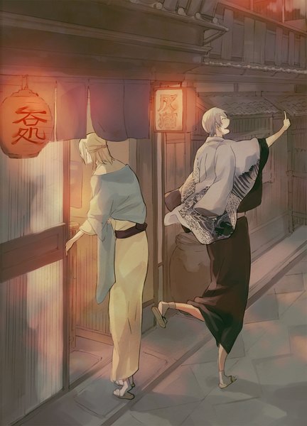 Anime picture 1500x2082 with bleach studio pierrot ichimaru gin kira izuru an (artist) tall image blush short hair blonde hair smile standing eyes closed traditional clothes japanese clothes grey hair multiple boys shadow hieroglyph clothes on shoulders pointing