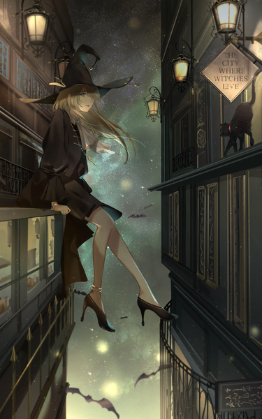 Anime picture 4329x6920 with original oekaki taro single long hair tall image looking at viewer fringe highres open mouth blonde hair sitting green eyes absurdres full body outdoors long sleeves wind hair over one eye arm support high heels