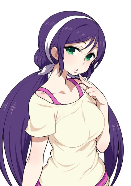 Anime picture 706x1000 with love live! school idol project sunrise (studio) love live! toujou nozomi chan co single long hair tall image looking at viewer blush fringe simple background white background twintails green eyes purple hair upper body parted lips fingernails off shoulder