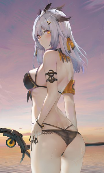 Anime picture 2400x4000 with arknights ptilopsis (arknights) ru zhai single long hair tall image looking at viewer blush fringe highres breasts light erotic hair between eyes large breasts standing holding yellow eyes sky silver hair cloud (clouds)