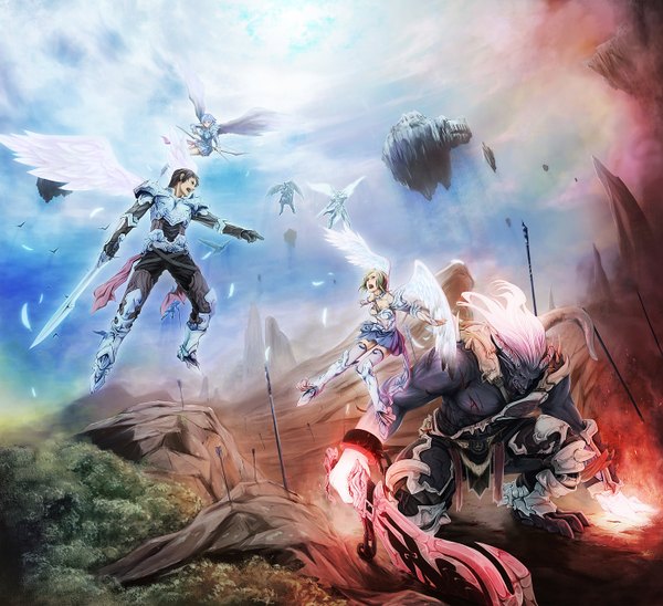 Anime picture 1400x1280 with aion elyos balaur un (alternatif) sky cloud (clouds) horn (horns) flying battle angel demon floating island weapon sword armor fire bow (weapon) island