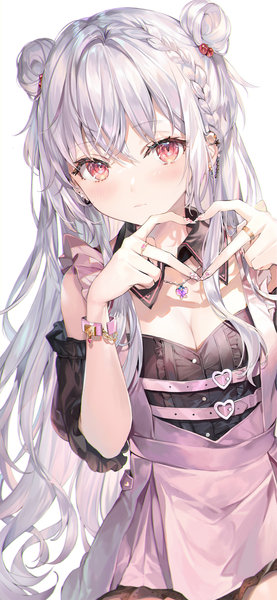 Anime picture 1125x2436 with original momoko (momopoco) single long hair tall image looking at viewer blush fringe breasts simple background hair between eyes red eyes standing white background cleavage silver hair braid (braids) nail polish fingernails arms up