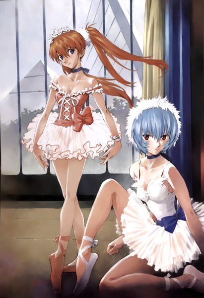Anime picture 4957x7224 with neon genesis evangelion gainax soryu asuka langley ayanami rei long hair tall image highres short hair blue eyes red eyes standing twintails multiple girls blue hair absurdres orange hair kneeling cityscape lacing dancing
