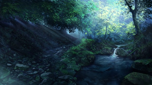 Anime picture 2560x1440 with original kojomi (7j543) highres wide image sunlight no people landscape scenic nature stream plant (plants) tree (trees) water forest stone (stones)