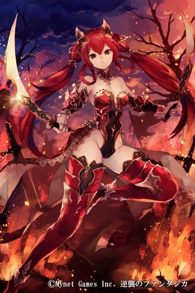 Anime picture 800x1200 with gyakushuu no fantasica natsuiro xx single long hair tall image looking at viewer fringe breasts light erotic twintails holding cloud (clouds) full body outdoors red hair braid (braids) nail polish head tilt fingernails night