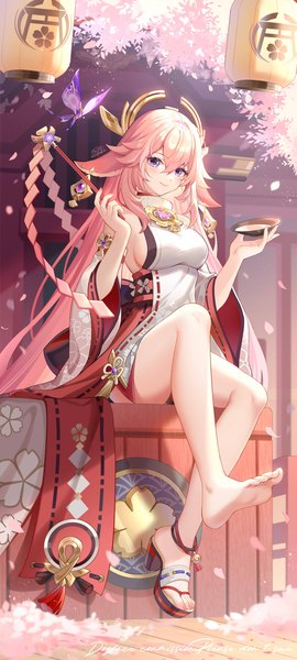 Anime picture 1500x3334 with genshin impact yae miko crystalfly (genshin impact) gou lianlian dogface single long hair tall image looking at viewer fringe breasts light erotic smile hair between eyes sitting purple eyes pink hair full body outdoors traditional clothes japanese clothes