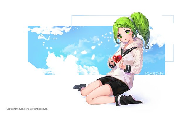 Anime picture 1150x742 with emyo single long hair looking at viewer blush smile sitting green eyes sky cloud (clouds) bent knee (knees) braid (braids) parted lips head tilt green hair inscription text side ponytail drill hair english
