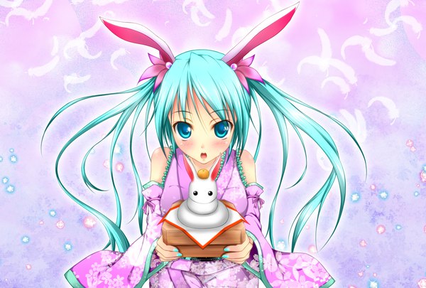 Anime picture 1748x1181 with vocaloid hatsune miku yunyun (riopara360) single long hair looking at viewer blush highres open mouth twintails animal ears nail polish traditional clothes japanese clothes aqua eyes aqua hair bunny ears floral print new year girl