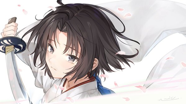 Anime picture 1280x720 with fate (series) fate/grand order kara no kyoukai type-moon ryougi shiki almic single short hair black hair wide image signed looking away upper body wind black eyes sad girl weapon petals sword