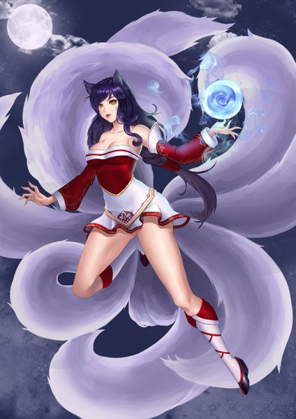 Anime picture 2480x3508 with league of legends ahri (league of legends) karmiel weni single long hair tall image fringe highres breasts light erotic bare shoulders animal ears yellow eyes purple hair tail lipstick magic fox girl multiple tails