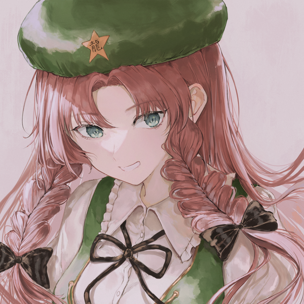 Anime picture 2705x2705 with touhou hong meiling happiness lilys single long hair highres simple background smile brown hair green eyes looking away upper body braid (braids) twin braids grin girl bow hair bow beret