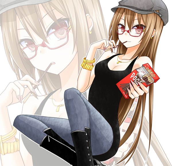 Anime picture 1100x1066 with original lindoh flores red-eyes macadamiachoco single long hair red eyes brown hair bare shoulders zoom layer girl glasses boots bracelet sweets flat cap pocky
