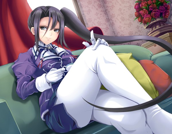 Anime picture 1276x1000 with kantai collection nachi heavy cruiser yumibakama meme single long hair black hair sitting looking away black eyes crossed legs side ponytail girl gloves flower (flowers) white gloves couch