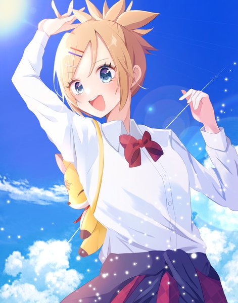 Anime picture 1268x1614 with #compass fukagawa matoi naruse fuami single tall image short hair open mouth blue eyes blonde hair looking away sky cloud (clouds) outdoors ponytail :d clothes around waist girl uniform school uniform shirt