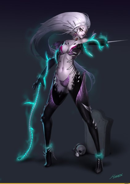 Anime picture 2080x2956 with league of legends zyra (league of legends) tagme (artist) single long hair tall image highres light erotic simple background bare shoulders silver hair girl navel earrings choker skull spikes tombstone