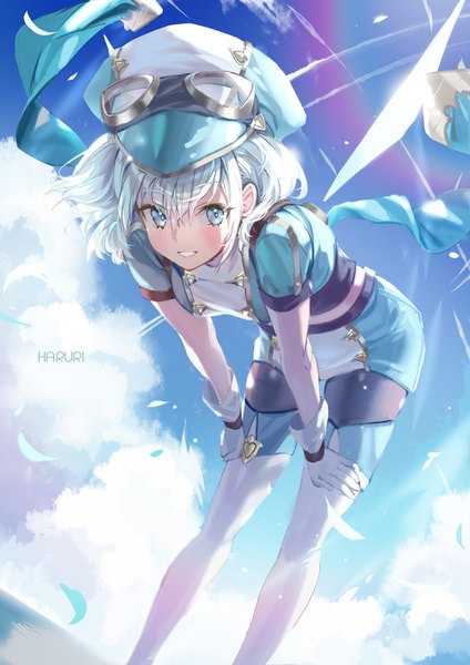 Anime picture 1000x1414 with original haruri single tall image looking at viewer blush fringe short hair blue eyes hair between eyes signed sky silver hair cloud (clouds) parted lips leaning leaning forward goggles on head girl gloves
