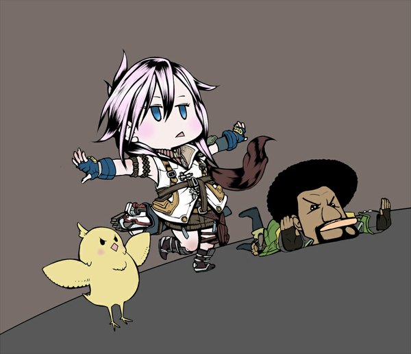 Anime picture 1000x860 with final fantasy final fantasy xiii square enix lightning farron sazh katzroy chicobo azito7 long hair blush short hair blue eyes black hair simple background pink hair lying dark skin spread arms chibi afro boy