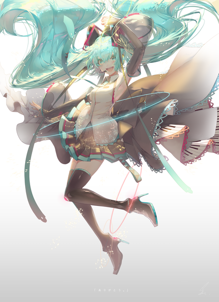 Anime-Bild 2026x2783 mit vocaloid hatsune miku saihate (d3) single tall image looking at viewer fringe highres simple background hair between eyes twintails full body very long hair nail polish arm up aqua eyes aqua hair armpit (armpits) high heels zettai ryouiki