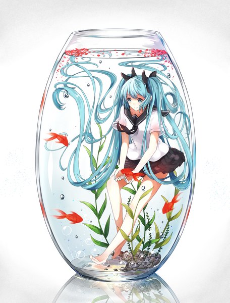 Anime picture 1794x2361 with vocaloid hatsune miku gkn levi tall image fringe highres blue eyes simple background smile white background twintails blue hair very long hair pleated skirt barefoot bare legs no shoes reflection underwater in container