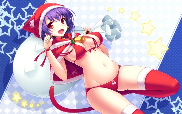 Anime picture 2560x1600 with cygnus (artist) single highres short hair breasts open mouth light erotic red eyes wide image large breasts animal ears purple hair tail animal tail cat ears cat girl cat tail fur trim christmas girl
