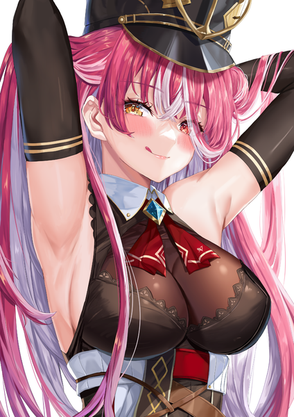 Anime picture 2184x3089 with virtual youtuber hololive houshou marine houshou marine (marching band) sakurasakimasu4 single long hair tall image looking at viewer blush highres breasts light erotic simple background large breasts white background silver hair upper body red hair multicolored hair