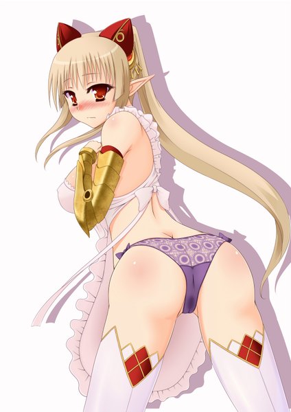 Anime picture 1240x1753 with queen's blade aldora taletale single long hair tall image blush light erotic blonde hair simple background red eyes white background ass ponytail pointy ears from behind nearly naked apron girl thighhighs underwear