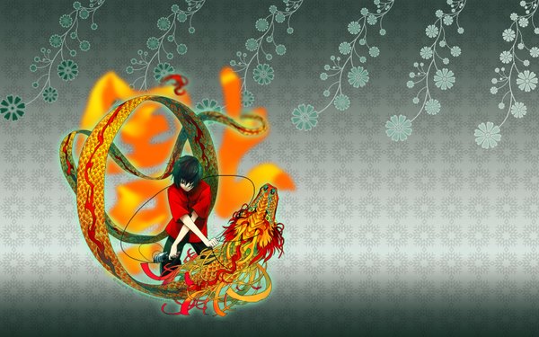 Anime picture 1680x1050 with yuumei short hair black hair wide image multicolored hair wallpaper chinese clothes boy animal dragon