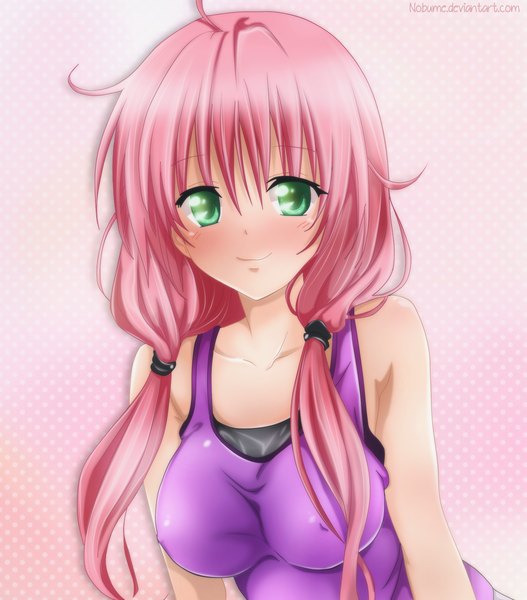Anime picture 1404x1600 with toloveru toloveru darkness xebec lala satalin deviluke nobume single long hair tall image blush light erotic smile twintails green eyes pink hair ahoge erect nipples coloring covered nipples polka dot polka dot background
