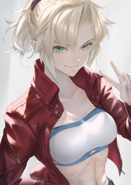Anime picture 1275x1800 with fate (series) fate/grand order fate/apocrypha mordred (fate) imizu (nitro unknown) single long hair tall image looking at viewer blush fringe breasts simple background blonde hair smile hair between eyes standing green eyes upper body ponytail