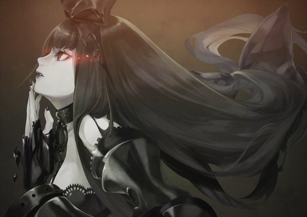 Anime picture 1274x906 with kantai collection seaplane tender hime fumizuki single fringe black hair red eyes cleavage very long hair nail polish parted lips profile fingernails wind lips torn clothes glowing portrait dark background looking up