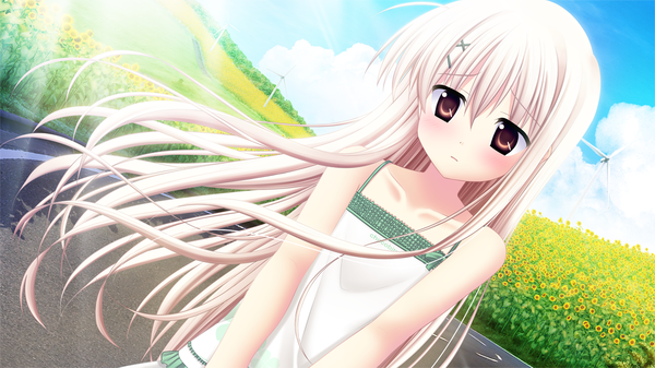 Anime picture 1280x720 with aqua (game) akizuki tsukasa single long hair wide image brown eyes game cg white hair loli girl sundress