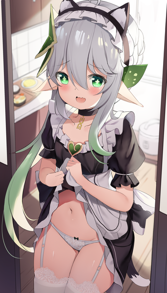 Anime picture 2100x3700 with genshin impact nahida (genshin impact) chintora0201 single long hair tall image looking at viewer blush fringe highres open mouth light erotic smile hair between eyes standing green eyes animal ears payot silver hair indoors