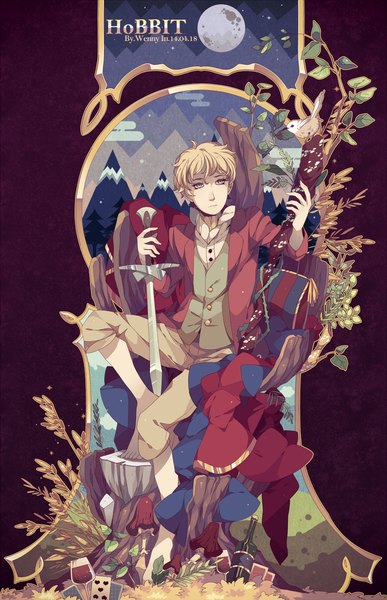 Anime picture 785x1215 with the hobbit bilbo baggins wenny02 single tall image short hair blue eyes blonde hair sitting signed looking away mountain boy weapon plant (plants) animal sword bird (birds) moon full moon