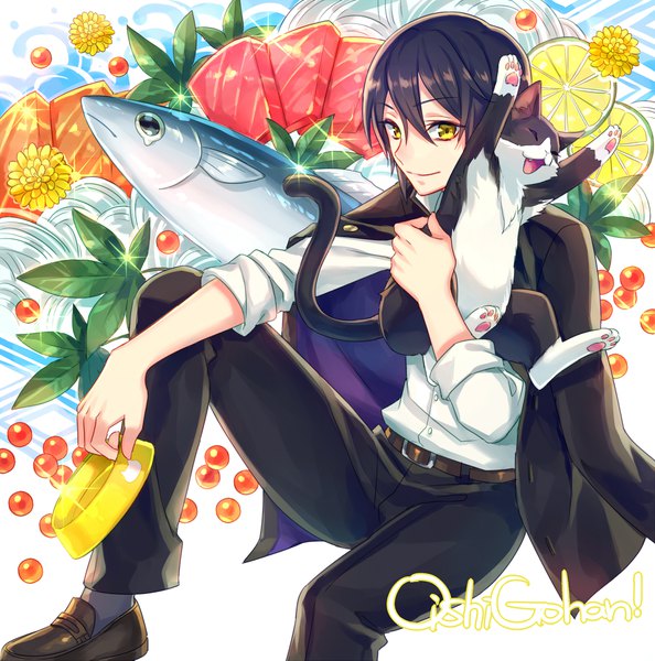 Anime picture 2000x2023 with original zoff (daria) single tall image looking at viewer fringe highres short hair black hair smile hair between eyes sitting holding yellow eyes inscription sparkle clothes on shoulders boy flower (flowers) animal
