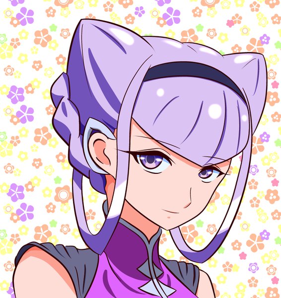 Anime picture 850x900 with precure hugtto! precure toei animation ruru amour joruno single tall image looking at viewer fringe short hair simple background purple eyes payot purple hair upper body braid (braids) light smile alternate hairstyle floral background hair up