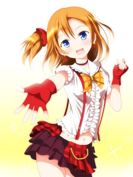 Anime picture 900x1200 with love live! school idol project sunrise (studio) love live! kousaka honoka deego (omochi bazooka) single tall image looking at viewer blush short hair open mouth blue eyes simple background blonde hair white background one side up girl dress gloves bowtie