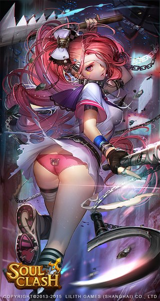Anime picture 480x900 with original liduke single tall image light erotic purple eyes pink hair ass very long hair drill hair girl skirt gloves underwear panties bow weapon hair bow miniskirt boots
