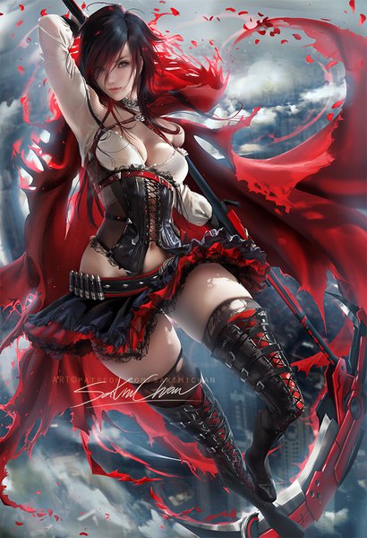Anime-Bild 684x1000 mit rwby rooster teeth ruby rose sakimichan single tall image looking at viewer short hair breasts light erotic black hair large breasts holding signed sky cleavage cloud (clouds) full body multicolored hair realistic
