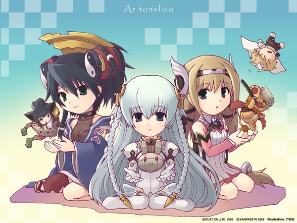 Anime picture 1024x768 with ar tonelico gust (company) aurica nestmile misha arsellec lune shurelia (ar tonelico) lyner barsett don leon hama (ar tonelico) tobe sunaho long hair looking at viewer fringe blue eyes black hair simple background smile hair between eyes brown hair white background sitting