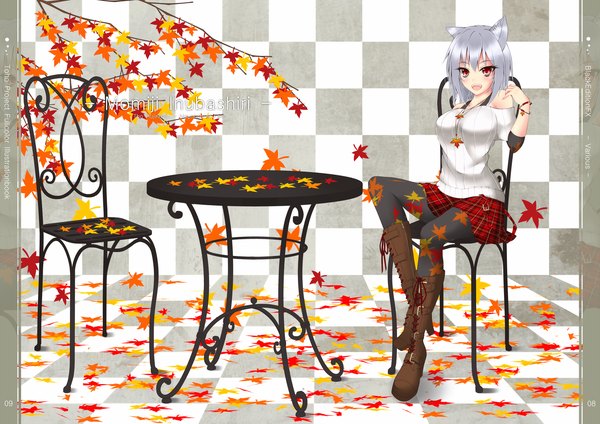 Anime picture 1500x1060 with touhou inubashiri momiji gmot single looking at viewer blush short hair open mouth red eyes sitting animal ears silver hair wolf ears wolf girl girl skirt pantyhose boots leaf (leaves) sweater